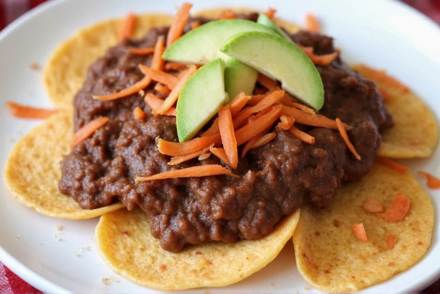A modern plate featuring a chocolate-infused mole reduction