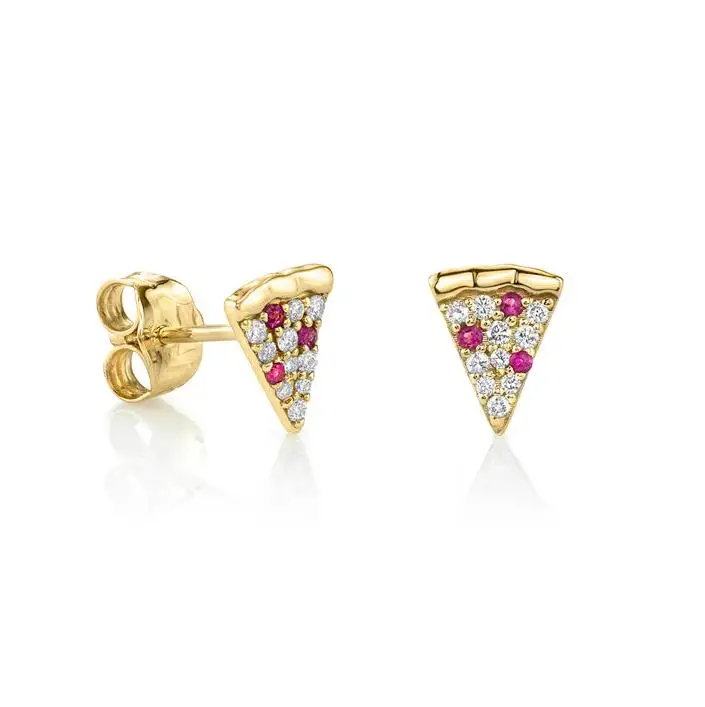 

Cute vogue 925 sterling silver Cute food earings 18k gold zircon pave triangle pizza stud earrings for Girls