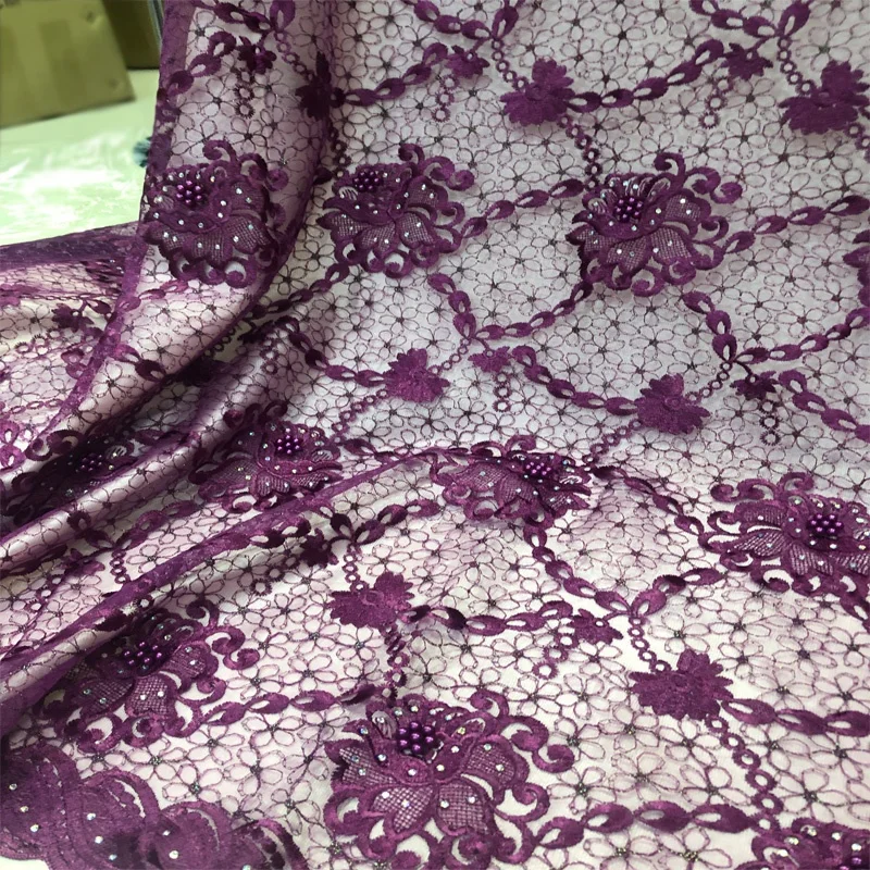 

African hollow purple luxury hand beaded lace fabric with stones, Accept customized color