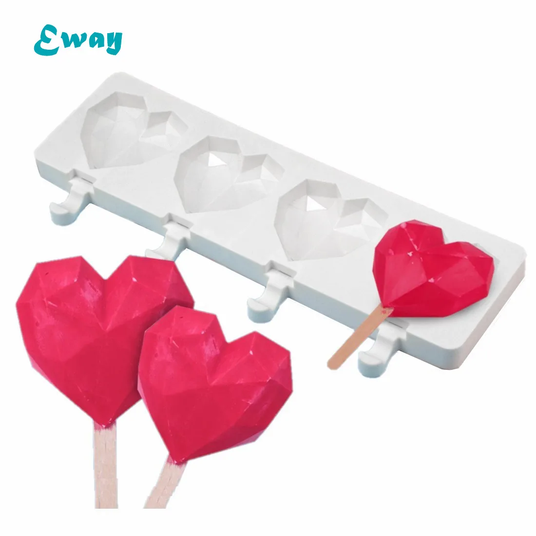 

4 Cavities Love Heart Shaped Diamond Ice Cream Molds Popsicle Molds Silicone Ice Pop Molds, White