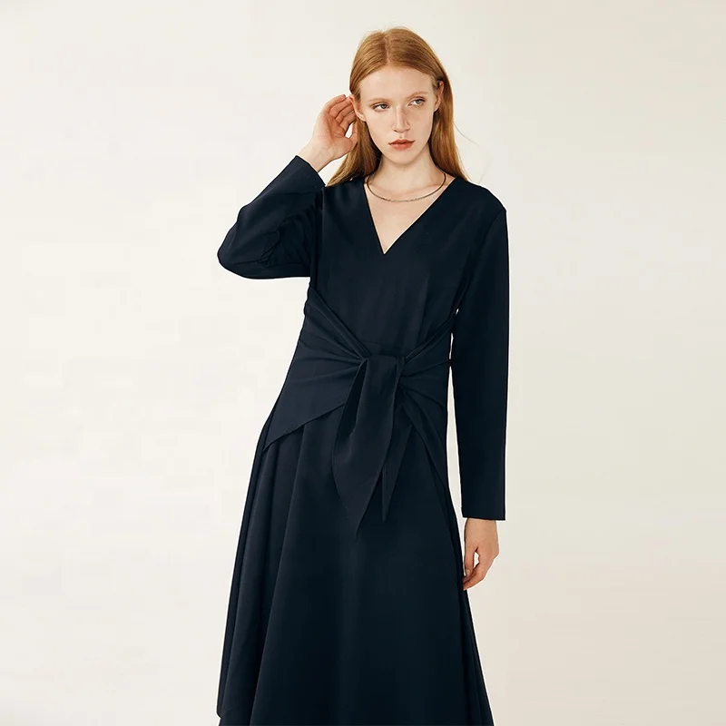 

Winter Black soft fabric midi skirt lady elegant Belt slim plus size long sleeve women clothing vintage maxi dress