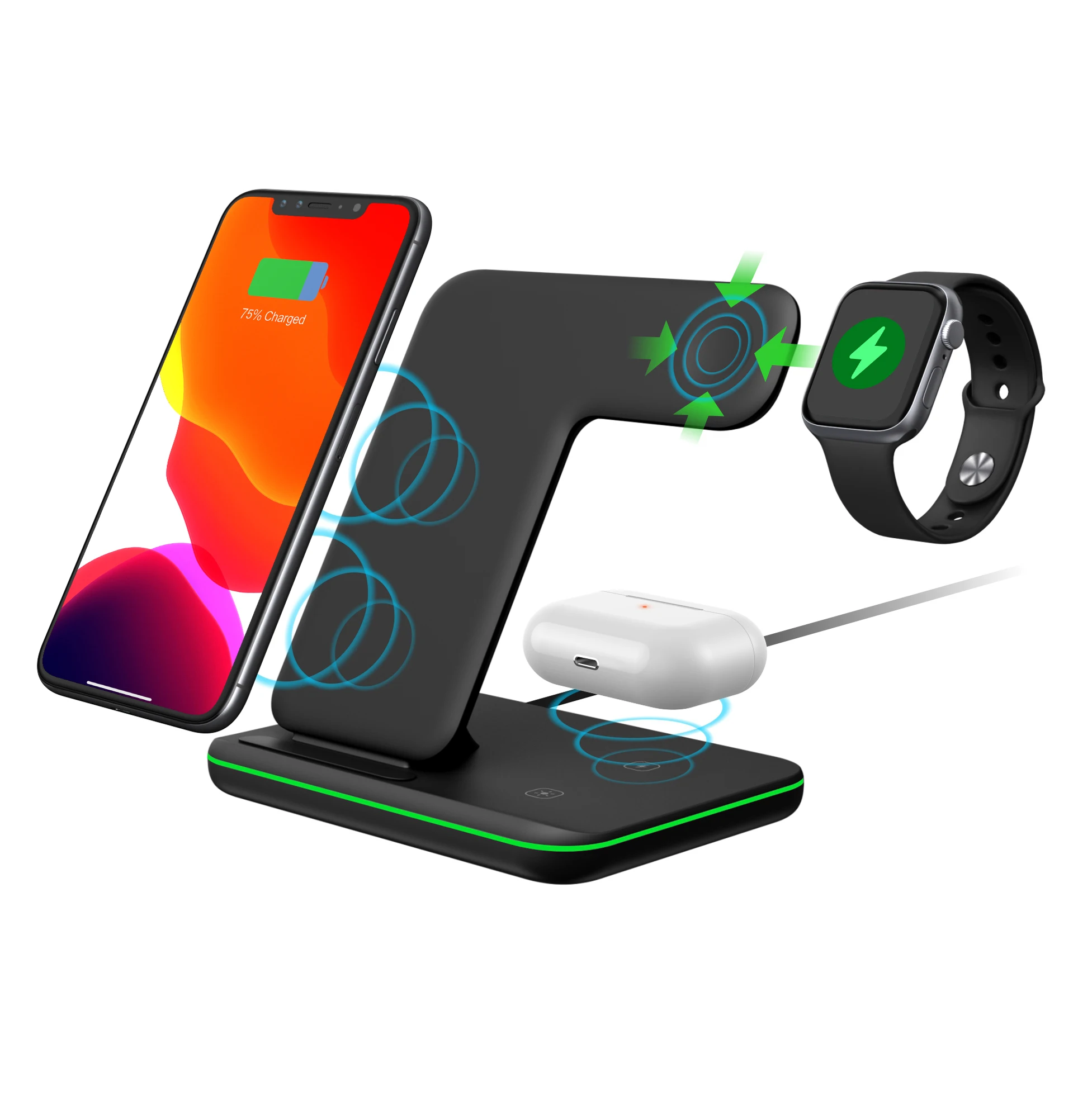 

Multi Function All in One Cell Phone Qi Fast Charging Station Dock Type-C 15W 3-in-1 Wireless Charger Stand, Black, white