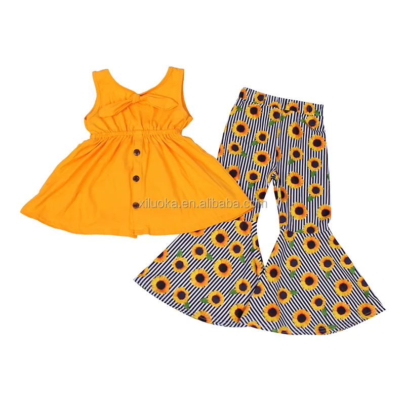 

New Design Children Boutique Clothing Sunflower Bell Pants Outfits Girl Fall Clothing Set