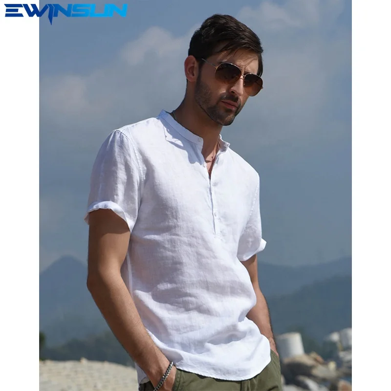 

2022 new style men short sleeve henley shirt with cotton linen material for wholesale casual vacation shirt with stand collar