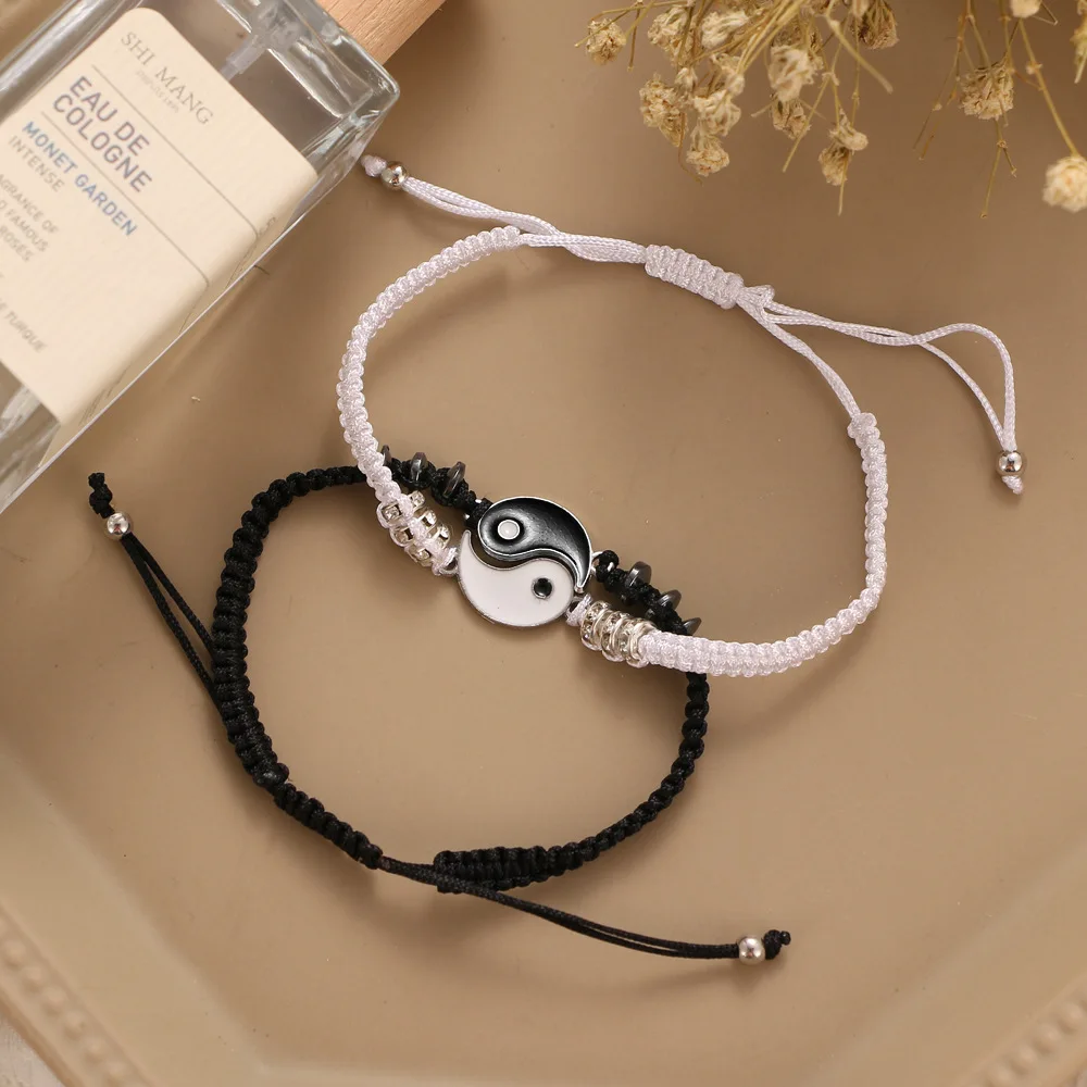

Couple Bracelets Hematite Leather Cord Braid Chain Bracelet Chinese Tai Chi Alloy Pendant Two-piece Woven Lover Bracelet Gift
