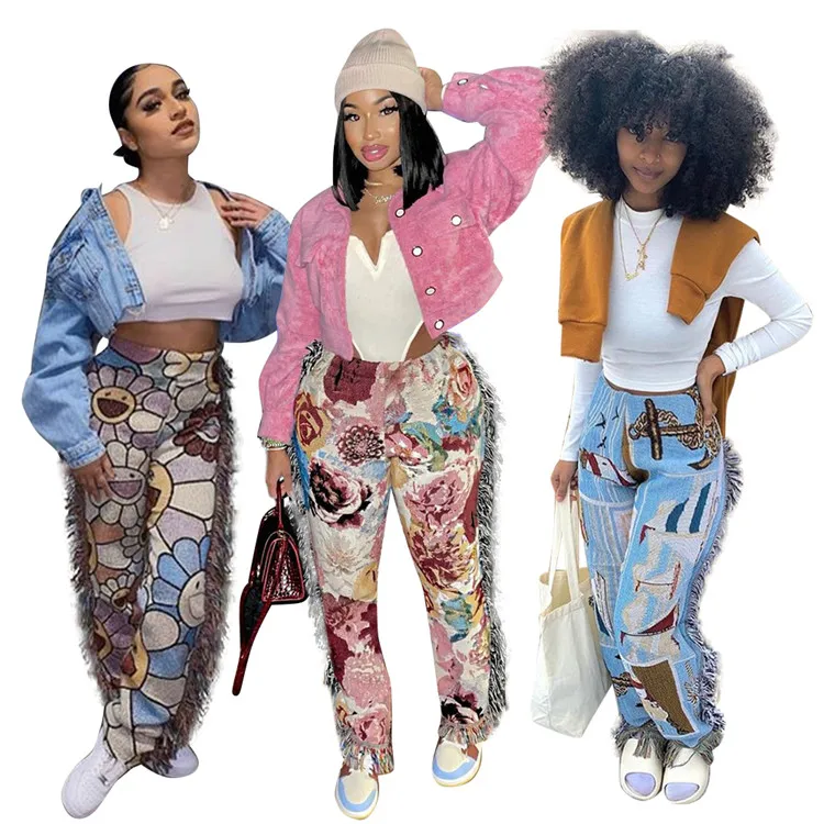 

Summer Low Waist Elastic Long Pants Women Blue Print Patchwork Trousers Female Fashion Sexy Party Baggy Straight Leg Pants, As picture