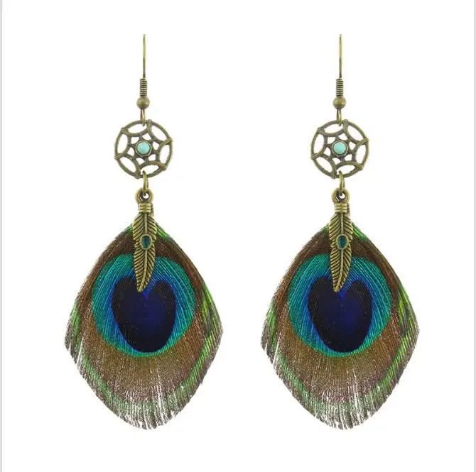 

2021 New Ethnic Simple Retro Leaves Green Leaf Nature Stone Long Tassel Peacock Feather Earrings For Women