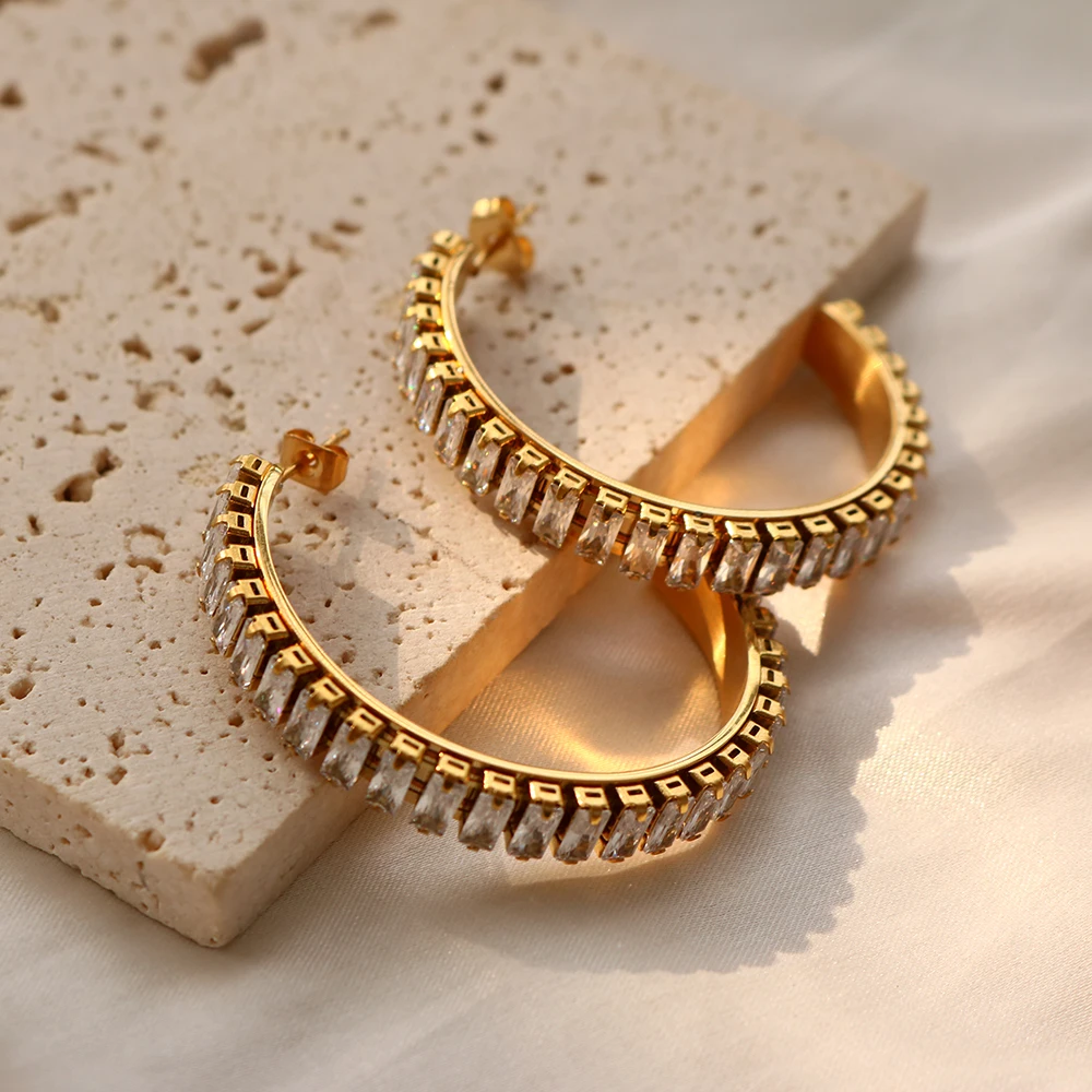 

18K Gold Cubic Zirconia Hoop Earring Tennis Jewelry Fashion Stainless Steel Gold Cz Crystal Diamond Huggie Earrings For Women