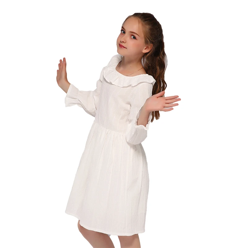 

Kseniya Kids Original Design White Cotton Long Sleeve Girls Dresses Pleated Collar Plain Dyed For School Party