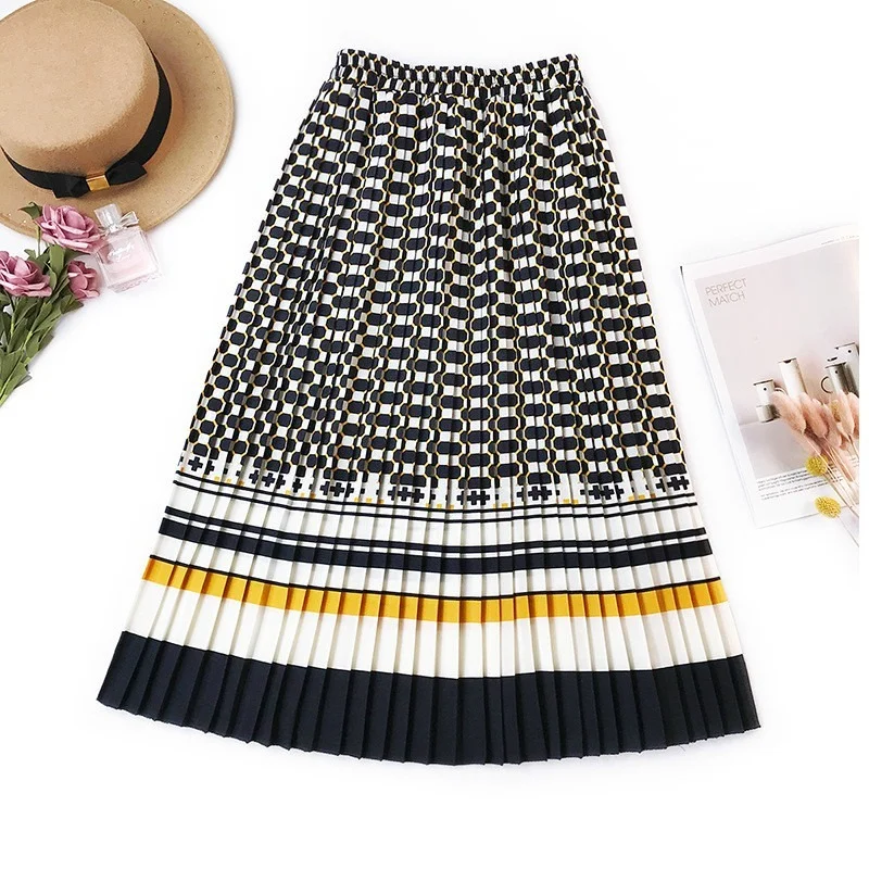 

Wholesale 2022 Summer and Autumn New Ethnic Style Printed Pleated Skirt Fashion Contrast Striped Slim A-line Skirt