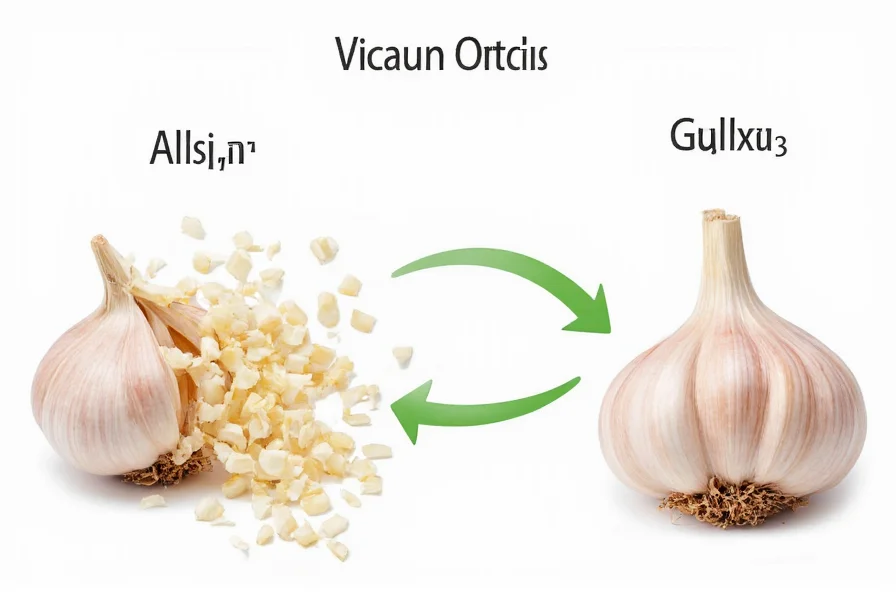 Scientific illustration showing the chemical reaction when garlic is crushed and how allicin forms