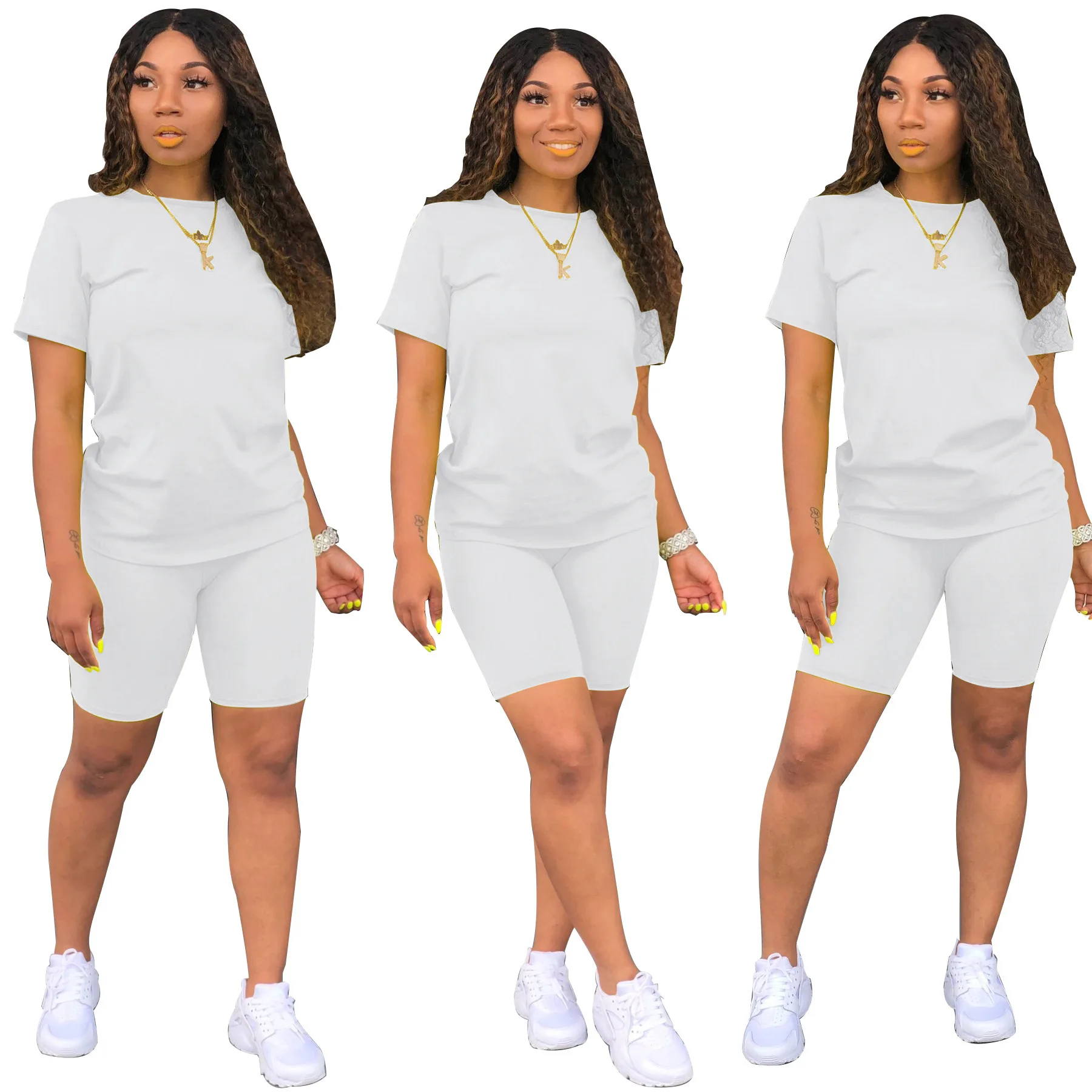 

2021 wholesale casual wear plus size t shirts and shorts set pure color short dos piezas conjuntos 2 piece set women, Picture color