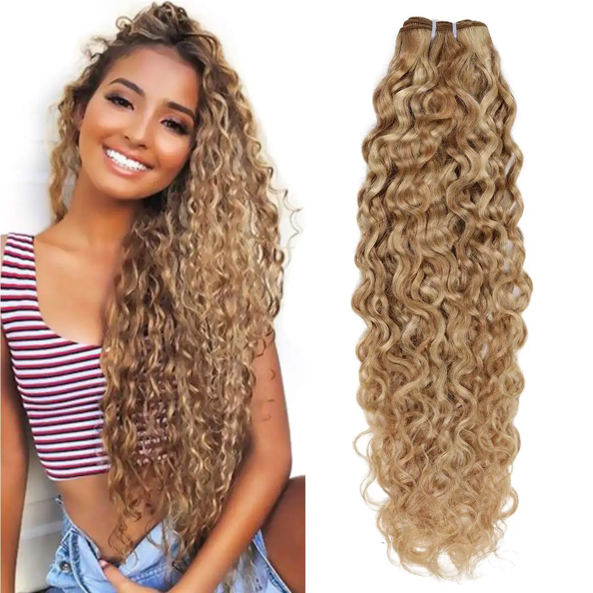 

Greatest Selling Of Curly Blonde Remy Double Weft 100% Cuticle Aligned Raw Human Hair Bundles Natural Weaving Hair Extensions, Color ring number and can be customized color