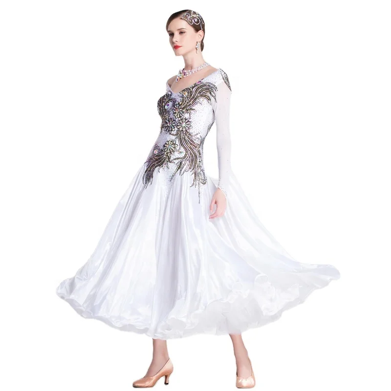 

B-18171 Hot Sale Elegant Ballroom Latin Dance Dress High-end Beautiful White Waltz Ballroom Dance Dress For Competition, Customized