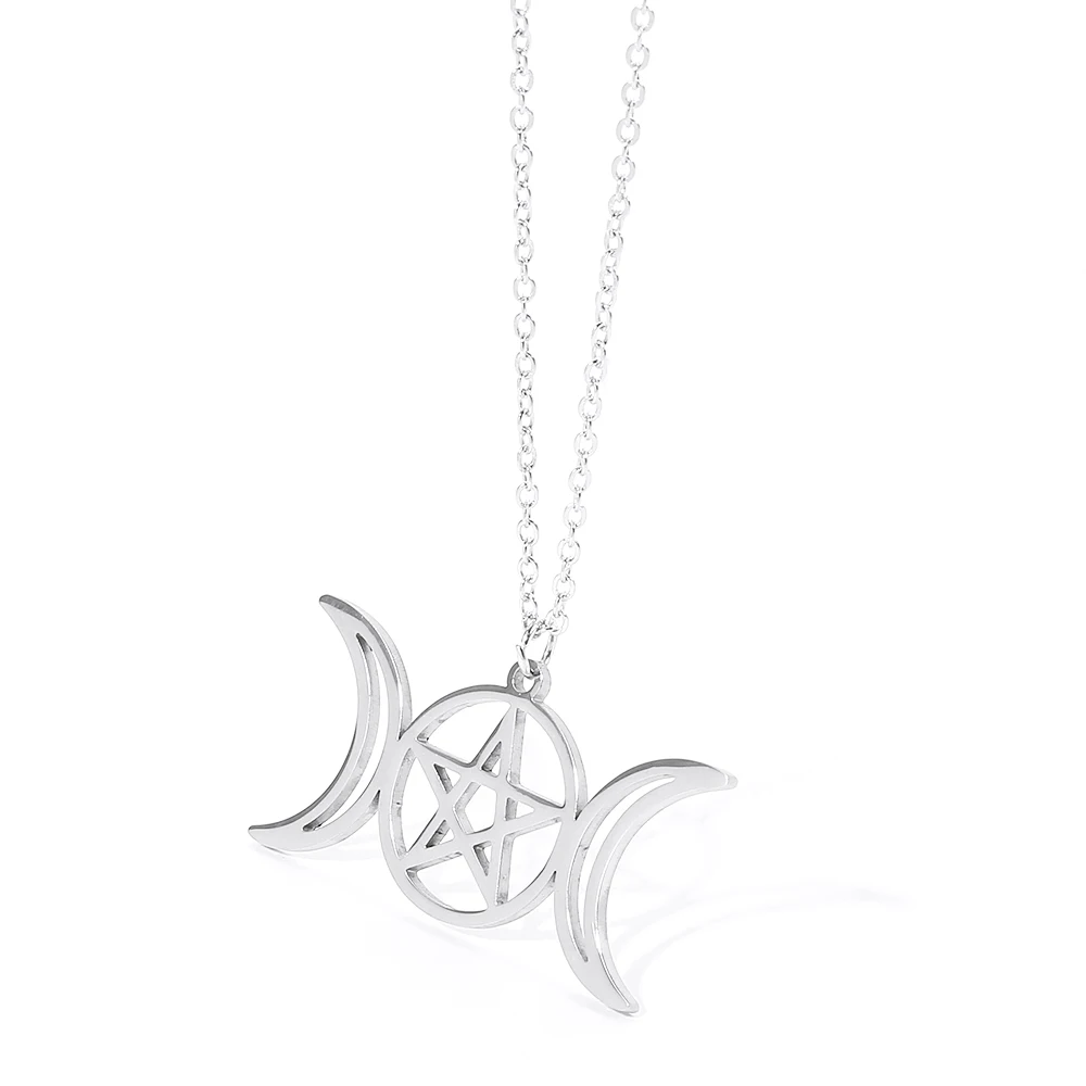 

Stainless Steel Goddess Necklace for Women Men Pentagram Moon Wicca Jewelry Magic Pendant Pentacle Witch Bijoux