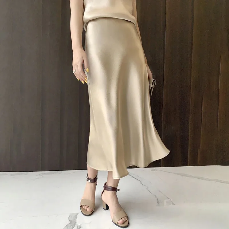 

2022 Summer New Korean Fashion Silk Satin High Waisted Womens Skirts A-Line Elegant Skirts Pink Midi Skirt Style Faldas