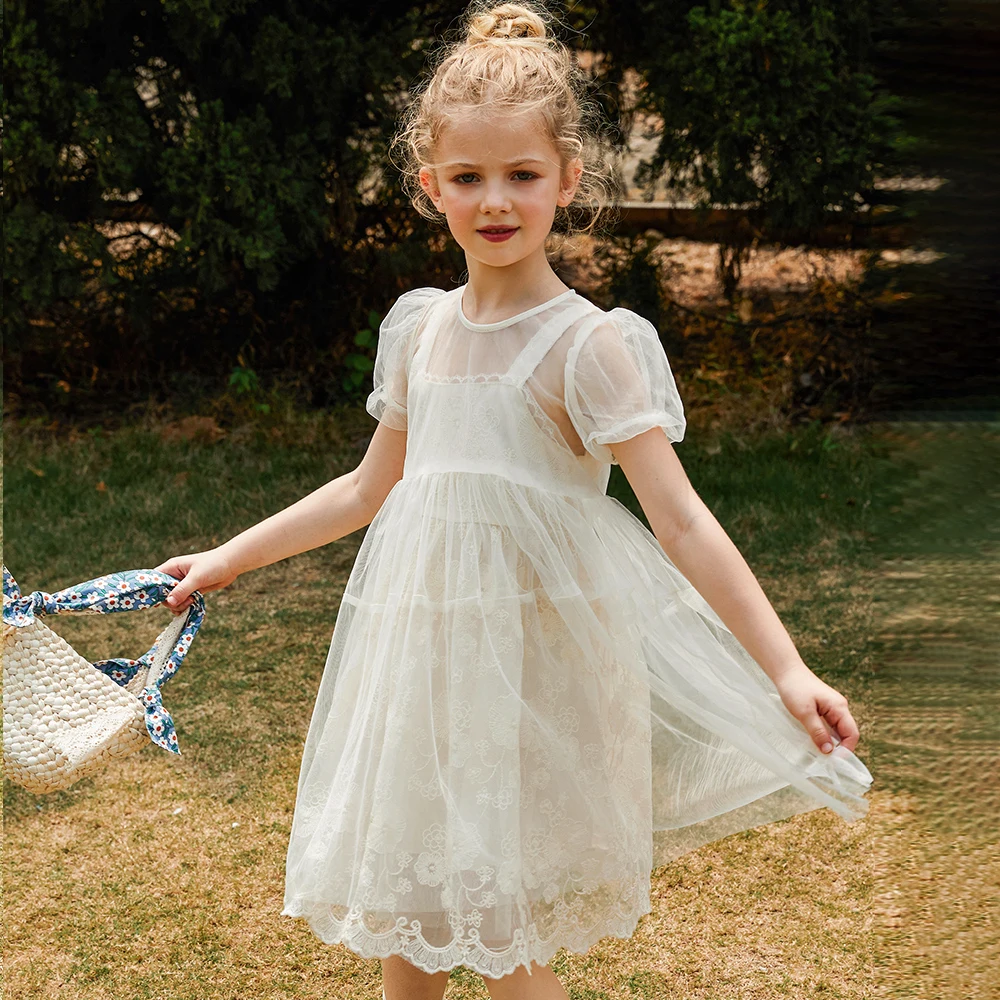 

seweet white mesh lace two pieces short sleeve girl casual dresses summer