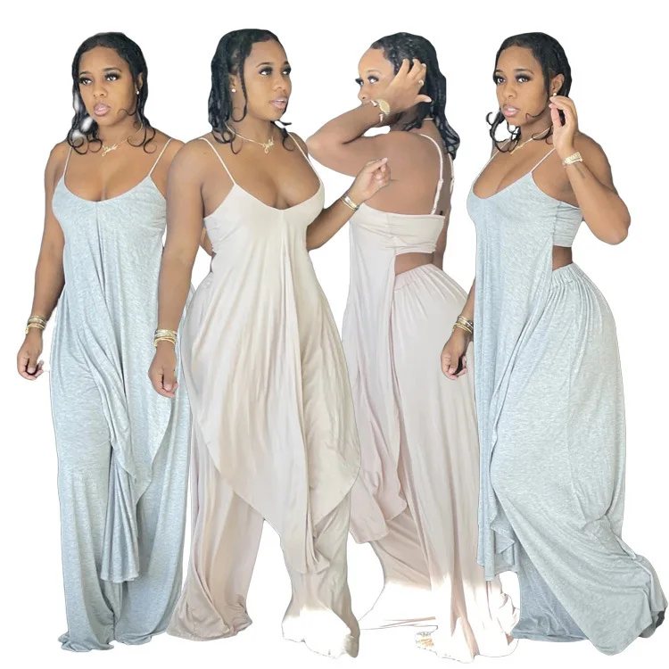 

2021 summer Irregular solid color sling retro elegant backless women's loose dress wide leg pants suit