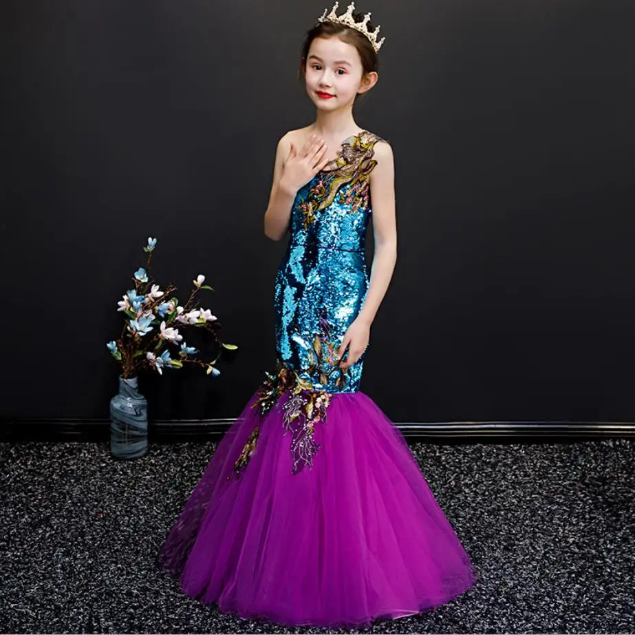 

Single Shoulder Girl Mermaid Dresses Sequin Fabric Girl Mermaid Dresses, Customized color
