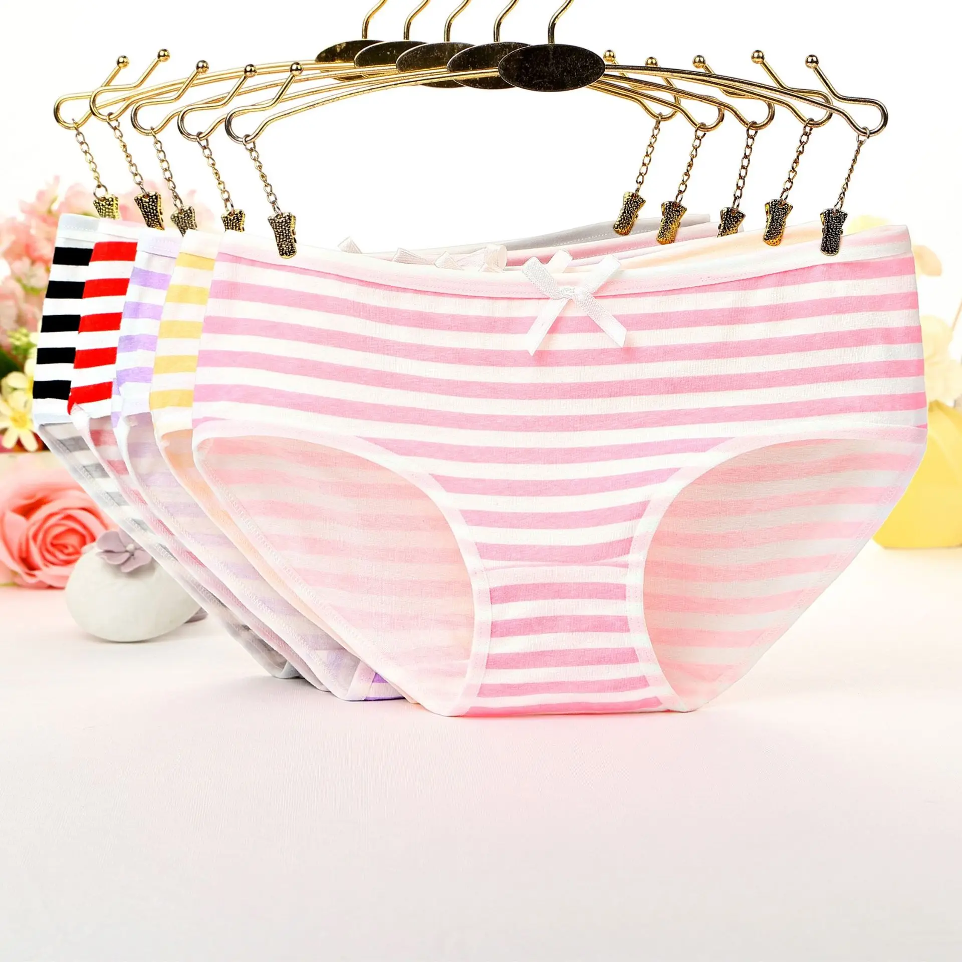 cute bow striped print panties for ladies lingerie sexy low waist pants pure cotton briefs women underwear