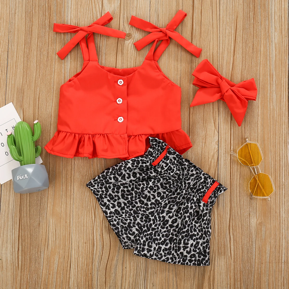 

Top Leader Toddler Baby Girl Clothes sets Summer Solid Color Strap Bowknot Crop Tops Polka Leopard Short Pants 3Pcs Outfits 1-4Y, Orange