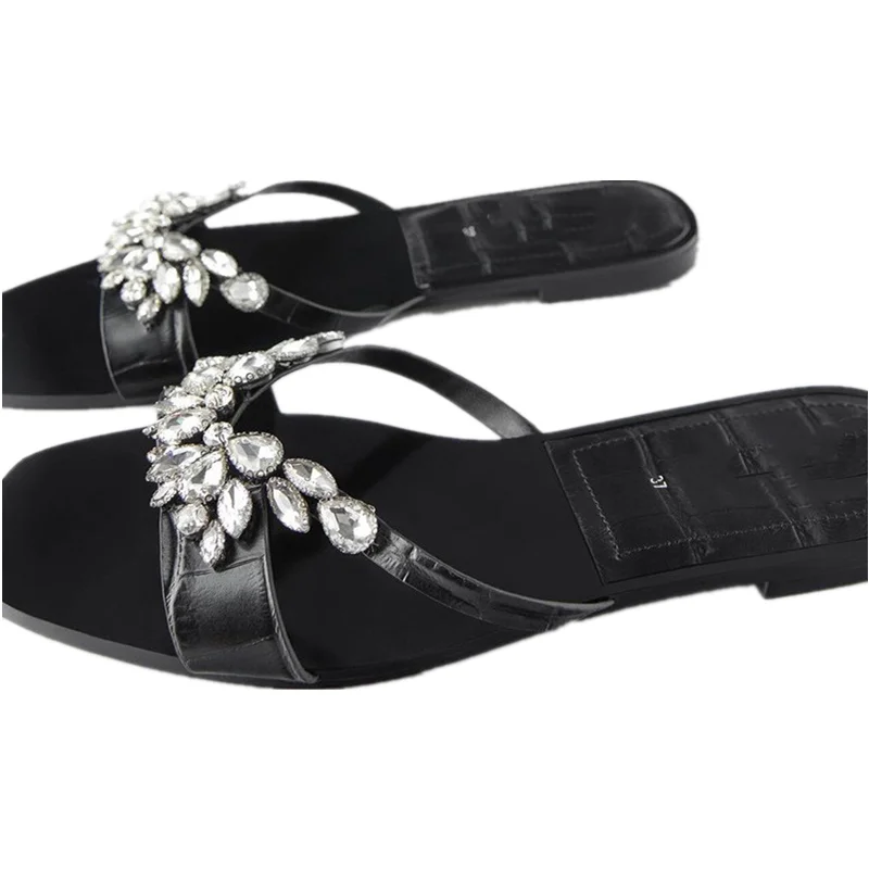 

Brand new design summer shining diamond women flat slippers open toe square head hollow ladies sandals