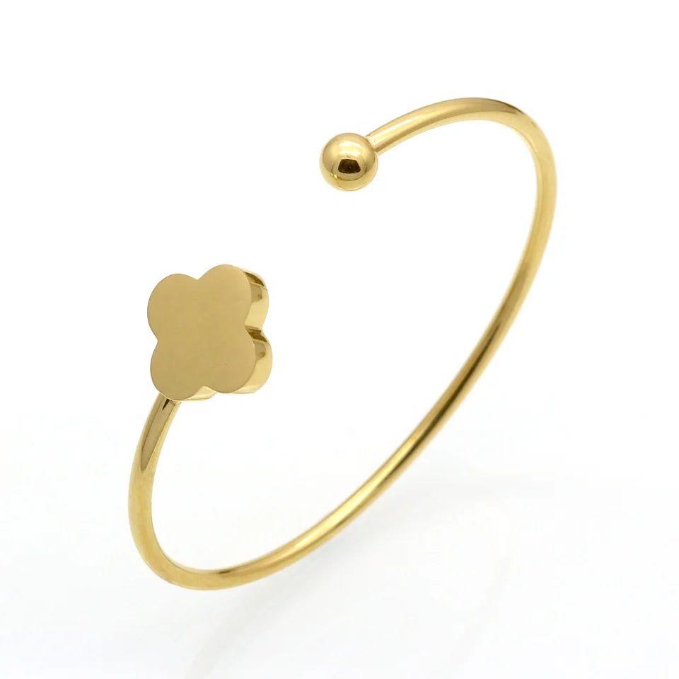 

Fashion Womens Gift Jewelry Four Leaf Clover 18K IP Gold Plated Stainless Steel Bracelet Girl Minimalist Flower Open Bangle