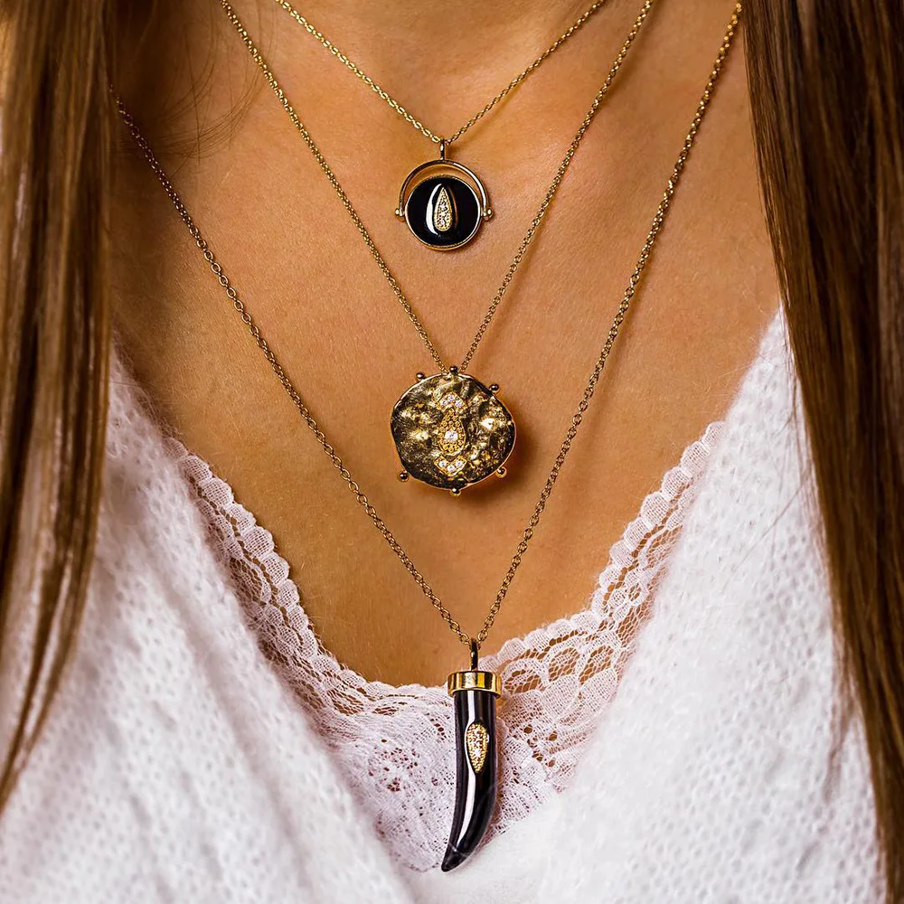 

Fashion Alloy Black Horn Eye Drop Shaped Pendant Necklace Multi Triple Layer Temperament Geometric Diamond Crystal Necklace, Picture