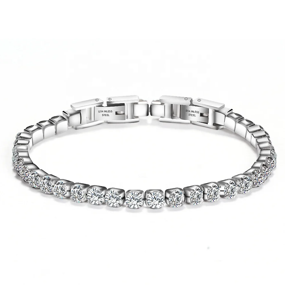 

Amazon Hot Selling Women Simple Stainless Steel Bracelets With Full Zircon Bling Tennis Bracelet Women Adjustable, As photo