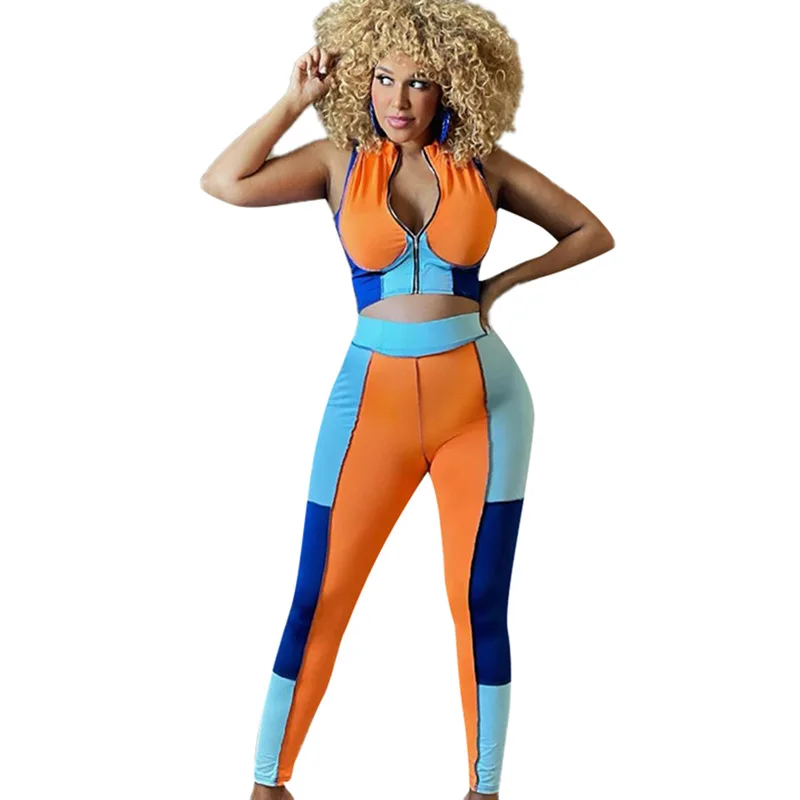 

2021 New Arrivals Reverse Wear Contrast Color Crop Top And Pants Casual Sport Two-piece Pants Suit