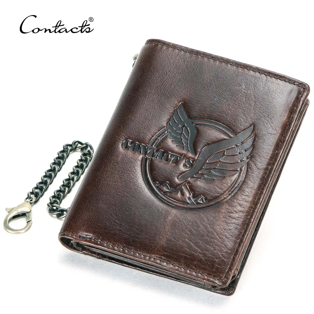 

dropship contact's wholesale vintage genuine leather cash card photo tri-fold men stainless steel chain wallet with coin pocket, Brown, coffee or customized