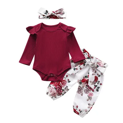 

Baby Girl Clothes Long Sleeve Bodysuit Ruffle Floral Pants with Headband 3Pcs Infant Girl Outfits Set