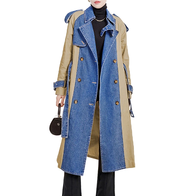 

TWOTWINSTYLE Hit Color Trenches For Women Lapel Long Sleeve Patchwork Denim Casual Coat Female Clothes