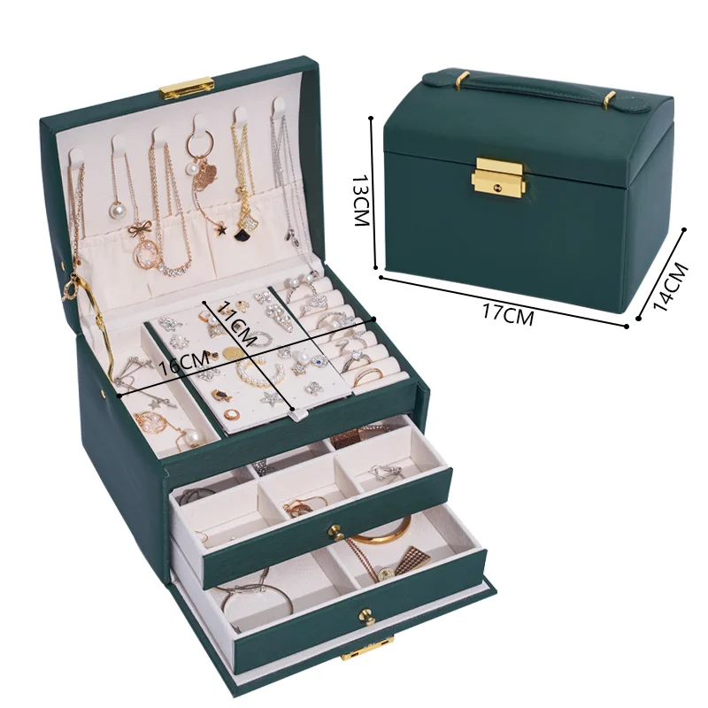 

Wholesale Faux Leather Velvet Three-Layer Lint Jewellery Organizer Packaging Storage Case Green Jewelry Box With Lock, White, pink, green, navy blue