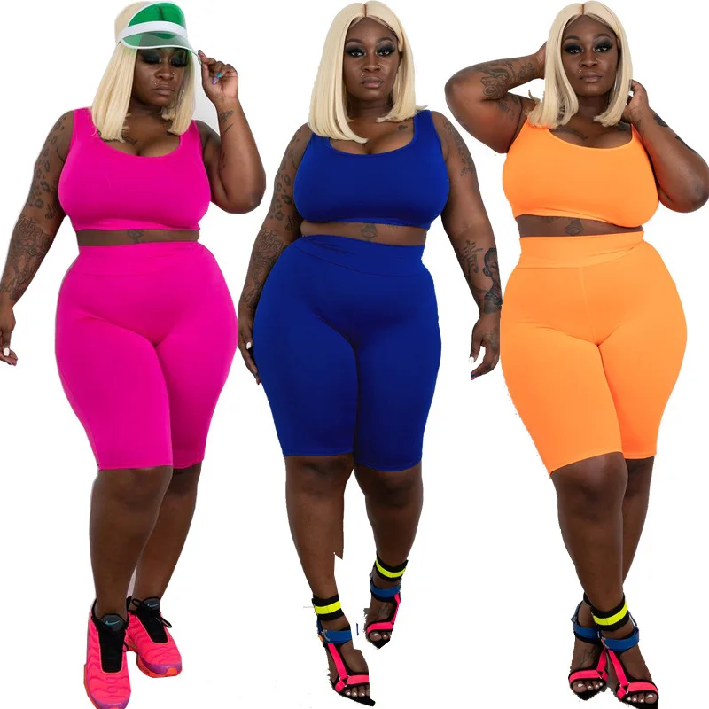 

LLDRESS Hot Selling Fashion Plus Size Women Clothing 2 Piece Set XXXXXL Solid Color Bodycon Two Pieces Biker Shorts Set