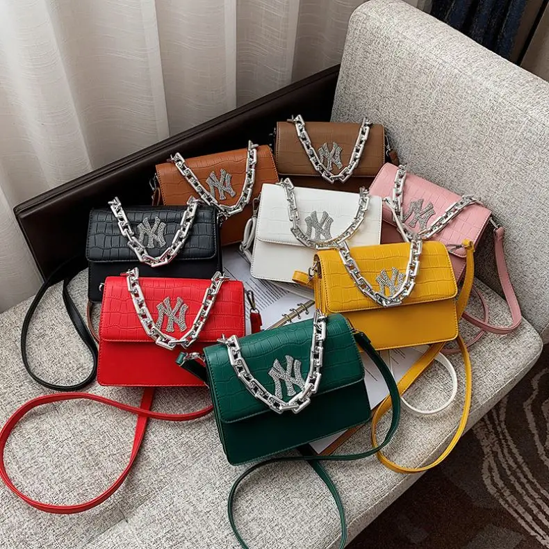 

2021 Trendy Women Square NY Bags Fashion Crossbody PU Leather Bling Purses for Lady Chain Red NY Purse and Handbags Wholesale, Customizable