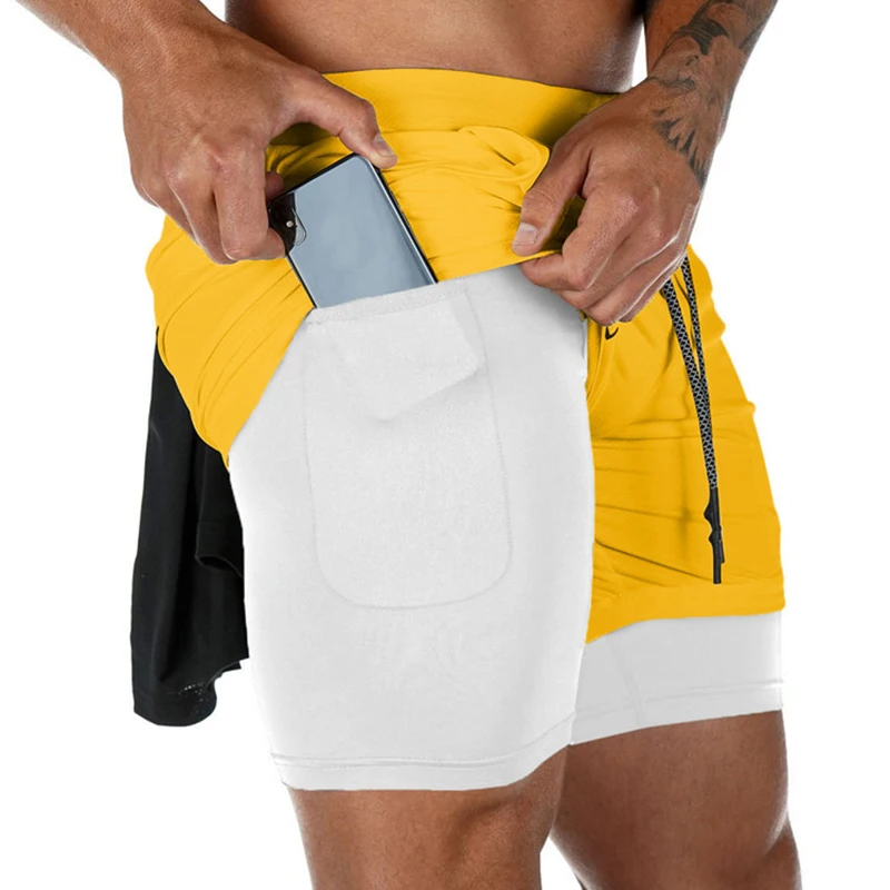 

Custom Elastic Waist Polyester 2 in 1 Running Shorts Workout Training Yoga Men's Gym Sport Short Pants with Zipper Phone Pockets, Red, green, blue, black, white, gray, black, camo black, camo khaki