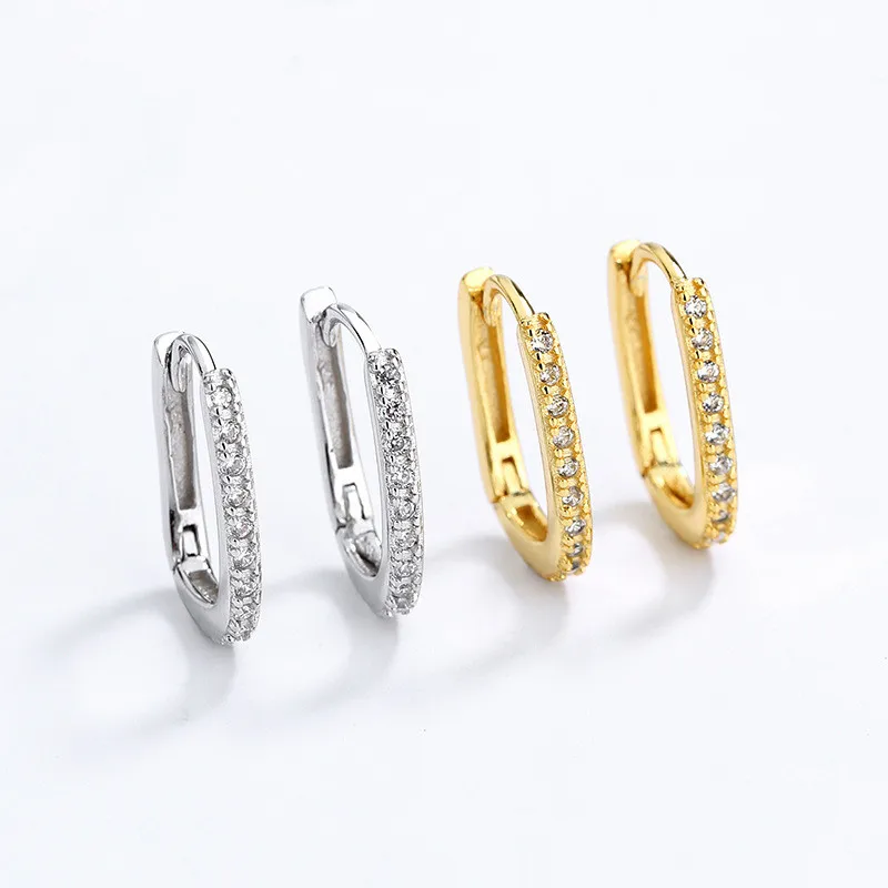 

fashion jewelry 925 sterling silver simple earrings geometric square Oval diamond zircon gold plated hoop earrings women
