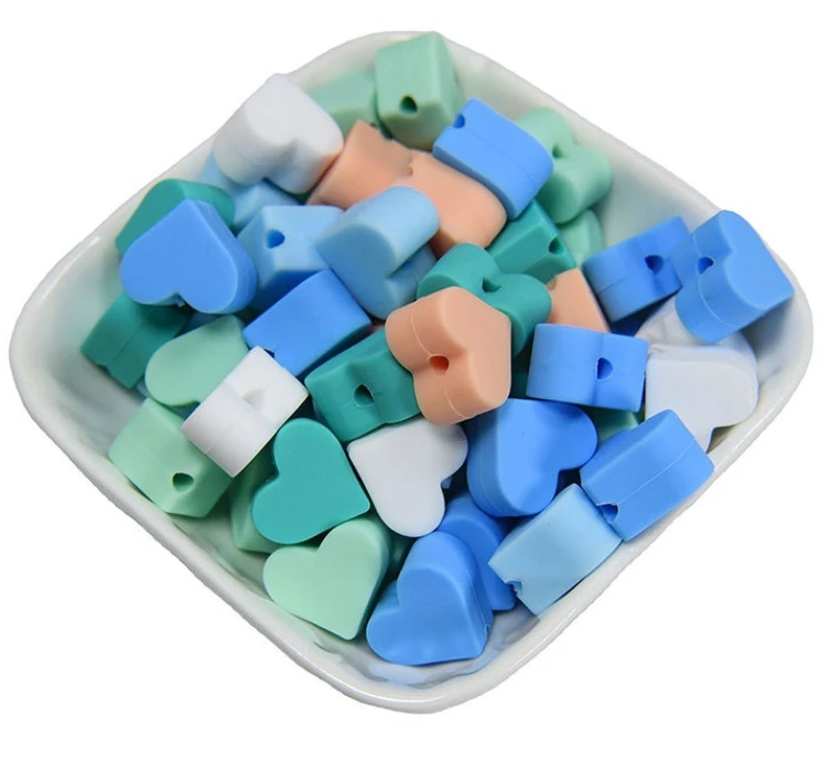 Xiximi Mixing Silicone Heart-Shaped Beads Food Grade Baby Chewable Silicone Teether Beads DIY Baby Pacifier Chain Toys