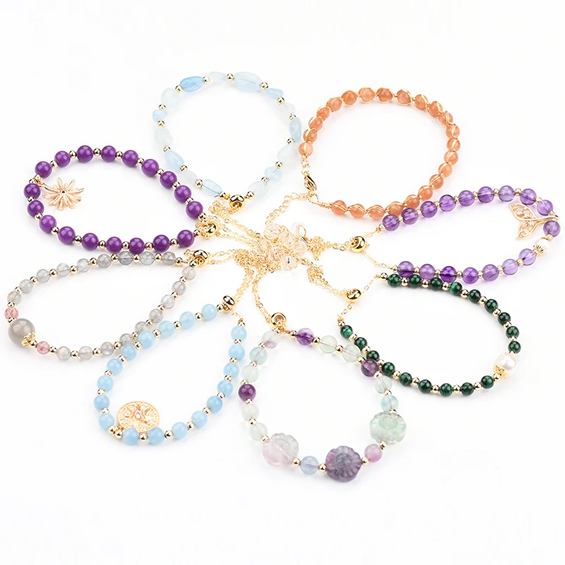 

14K Gold Plated Jewelry Natural Stones Crystal Gemstone Bead Bracelet with Adjustable Chain End for Women Gift