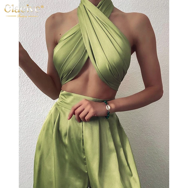 

Clacive Hot Products Sleeveless Hollow Out Halter Colorful Women Crop Top Satin Slim Club Sexy Women Tank Tops, Multicolors