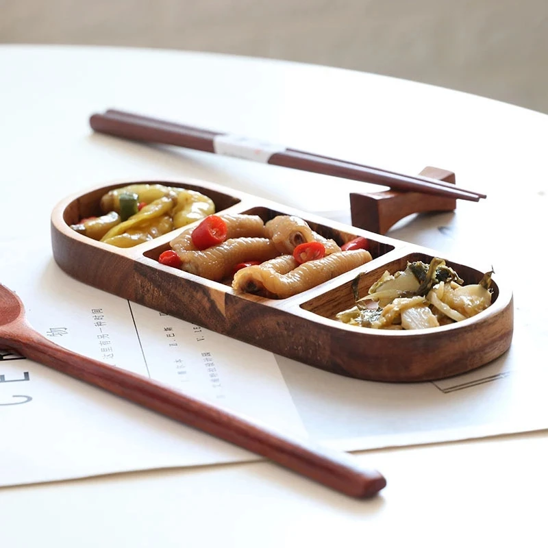

Three grid wooden Side dish appetizer hotel restaurant soy sauce boat dish small, Natural color
