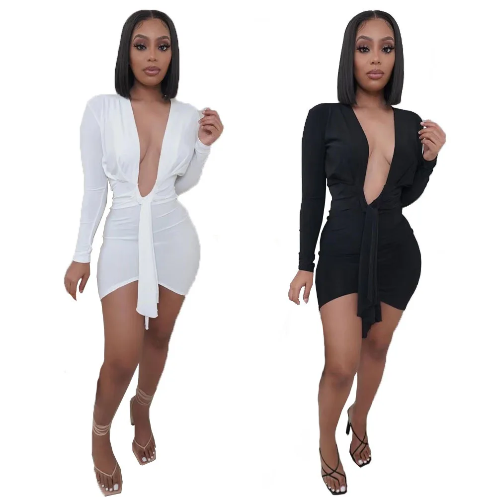 

2022 New Arrivals Black Dresses Women Long Sleeve Cut Out Dress Lady Elegant White Sexy Bandage Dress