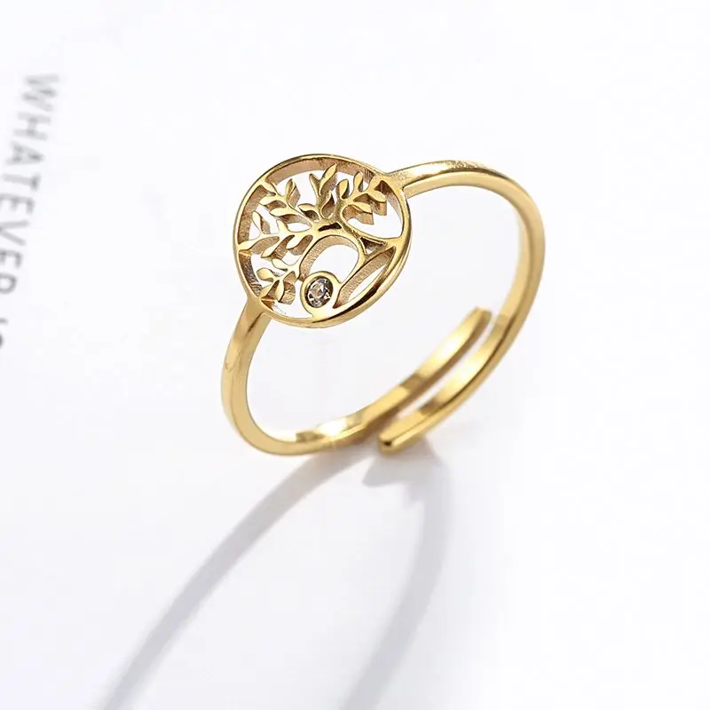 

Life Tree Shaped Rose Gold Stainless Steel Open Size Rings,Zircon Resizable Woman Ring