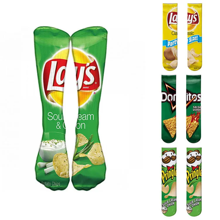 

Stocked wholesale 3d print socks custom tube socks chips snack food fashion Lays Potato Chips socks, Custom color