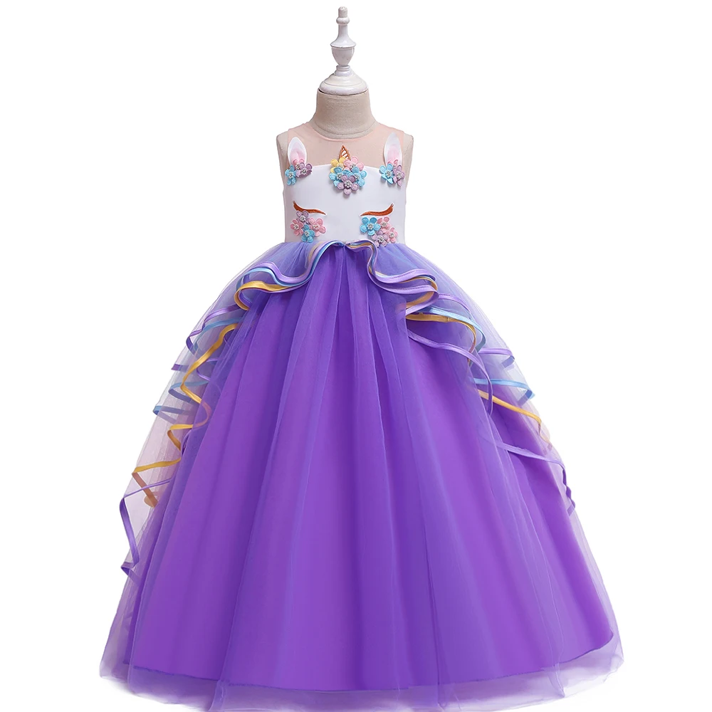 

FSMKTZ New Trend Birthday Rainbow Unicorn Dress Headband Summer Dresses For Little Girls Tulle Ball Gown For Kids DJS009, Sky blue,champagne,pink,purple