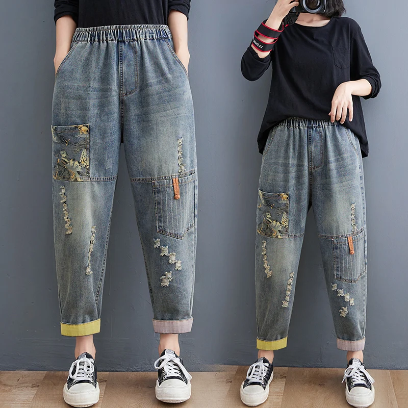 Wholesale Old Stickers Printed Denim Daddy Pants for Women in Autumn 2026 New Large Size Slim Casual 9-point Harlan Jeans