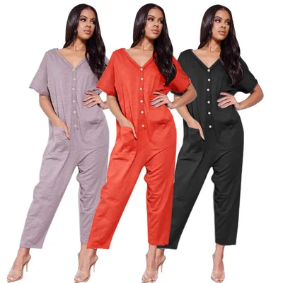 

V Neck One Piece Jumpsuits Casual Clothings Ladies Summer Short Sleeve Front Button Women Jumpsuit, Black,orange,light purple