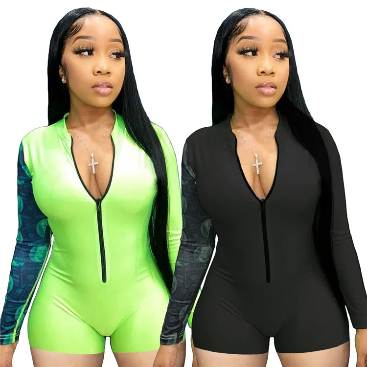 

2021 Summer Sexy V Neck Shorts Clubwear Jumpsuit Fitness Outfits For Women Streetwear Skinny Print Zipper Bodysuit women
