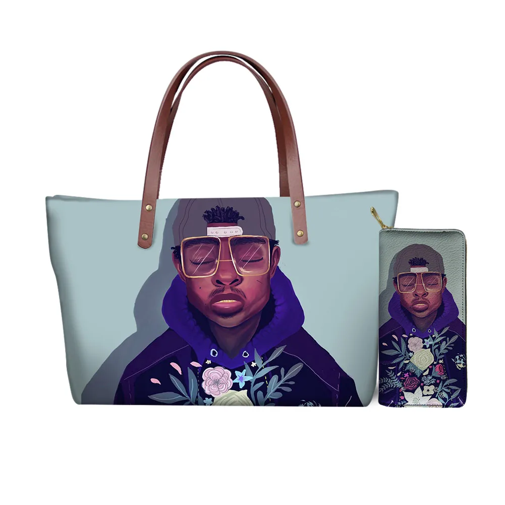 

printing On-demand black art african boy printing handbag set large bag lady handbag lady luxury wallet 2-piece set, Customized picture\design